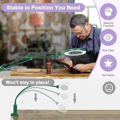 12X Magnifying Glass with Light and Clamp, Real Glass Lens Lighted Magnifier with Stand, 5 Color Modes LED Dimmable Magnifying Desk Lamp Hands Free for Crafts Painting Sewing Close Work - Green