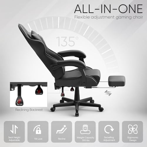 Huracan Gaming Chair with Footrest, Ergonomic Computer Chair Lumbar Support, Adjustable High Back Recliner for Adults, Racing Style Video Gaming Chairs, for Home Office Streaming, Black