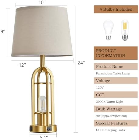 SRJJA 24" Modern Table Lamps for Living Room Bedroom Set of 2, USB A+C