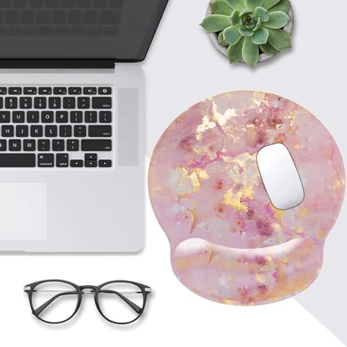 Pink Ergonomic Mouse Pad with Wrist Rest, Gaming Mouse Pad with Wrist Support,Gold Marble Mouse Pads for Desk for Women, Computer Mousepad with Non-Slip Rubber Base, Cute Office Desk Accessories