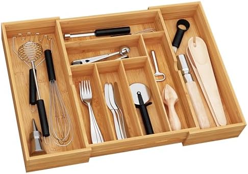 BAMEOS 3" Deepth Expandable Drawer Organizer, Deep Flatware Organizer, Adjustable Silverware Organizer, Bamboo Drawer Organizer for Kitchen, Bathroom (Natural)