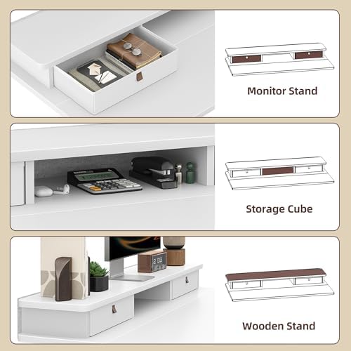 TIQLAB 55 * 28 inch Standing Desk with Two Drawers&Top Shelf, White