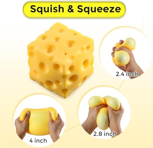 Cheese Squishy Cube Block, Squishy Fidget Toys for Adults, Easter Basket Stocking Stuffers, Sensory Stress Ball Squeeze Toys for Stress Relief (Yellow 2.4 in)