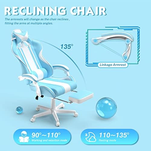 Ferghana Blue Gaming Chair with Bunny Ear, Cute Massage Gaming Chairs for Adults & Teens, Office PC Gamer Chair with Footrest, Kawaii Computer Game Chair for Girls, Racing Reclining Silla Gamer
