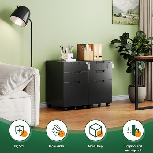 Letaya 3 Drawer Mobile File Cabinet with Lock,Under Desk Metal Small Filing Cabinets for Home Office Organizer Letters/Legal/A4(Fully Assembled Except Wheels-Black)