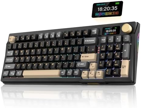 RedThunder K95 Wireless Mechanical Keyboard, TFT Screen & Knob, Tri-Mode BT5.0/2.4GHz/USB-C Hot Swappable Custom, Pre-lubed Linear Pink Switches, Gasket Structure, RGB Gaming Keyboard, Black-Gold