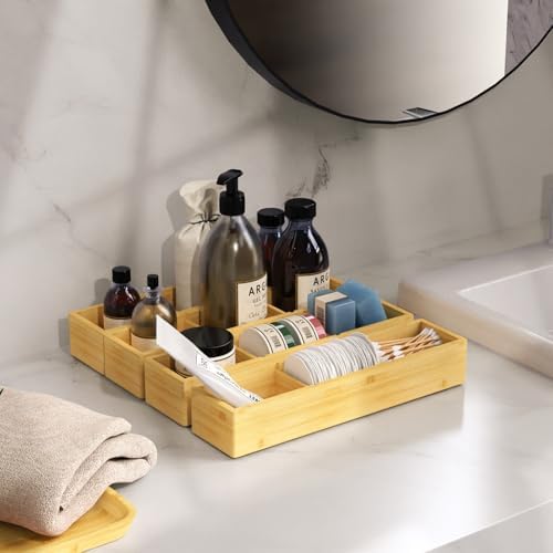 DUJEN 4 Packs Bamboo Drawer Organizer 2 pieces 12.6 * 6inches and 2 pieces 12.6 * 3.2inches, Adjustable 3 Individual Junk Drawer organizer for Bathroom and Kitchen