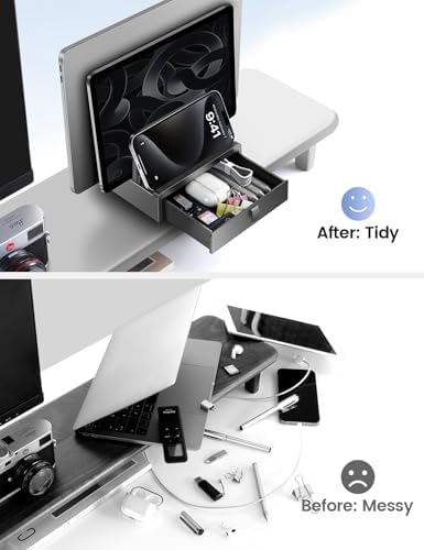 Vaydeer Vertical Laptop Stand with Drawer,Dual Slots Plastic Laptop Holder Storage with Space Saving 4-in-1 Design,Adjustable Laptop Organizer Stand for Desk,Supports MacBook,Chromebook,Surface,Dell
