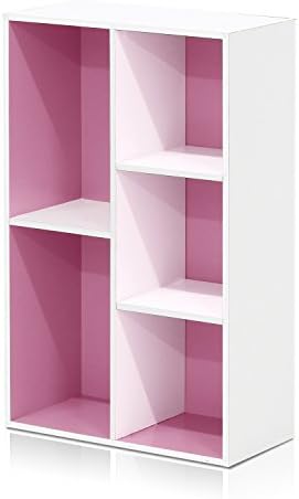 Furinno LUDER Book Shelf, 5-Cube Bookshelf, Reversible Bookcase, 9.4 x 19.5 x 31.5, Easy Assembly, for Living Room, Bedroom, Home Office, White/Pink