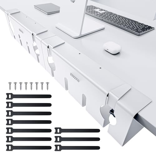 NODOCA No Drill Under Desk Cable Management Tray, 17'' Wire Management, Punch-Free Clamp on, Metal Cable Tray, Wire Organizer Under Desk, Under Desk Basket for Office and Home, White(2 Packs)