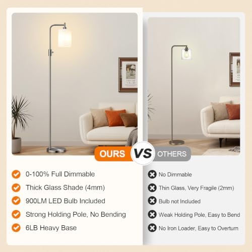 【Upgraded】 Dimmable Floor Lamp for Living Room with Opal Glass Lampshade, Brushed Nickel Modern Floor Lamp with 900LM LED Bulb Included, Standing Tall Lamp for Bedroom, Office, Reading Room, Corner