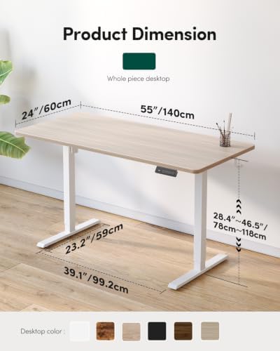 CubiCubi 55 x 28 One-Piece Electric Adjustable Standing Desk, Light Walnut