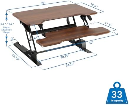 Mount-It! Height Adjustable Standing Desk Converter, Compact 30” Wide Tabletop Standing Desk Riser with Gas Spring, Desktop Stand Up Workstation with Keyboard Tray Fits Monitor or Laptop, Dark Walnut