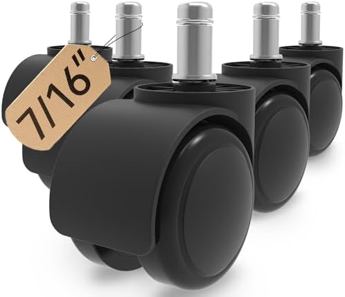 2 Inch Office Desk Chair Wheels Replacement, Computer Gaming Casters for Carpet Stem 7/16-7/8, Set of 5 for Furniture Hardwood Hard Floors Chair Castors Tile Smooth Safe Quiet Rolling 880 LB, Black