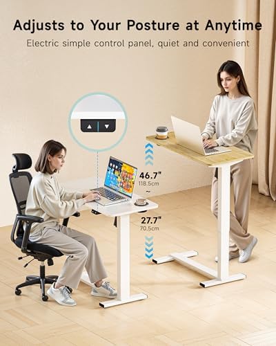 BIZUM Small Electric Standing Desk Bedside Table with Hidden Wheels 31.5 x 15.8 Inch Adjustable Computer Laptop Office Desk, White
