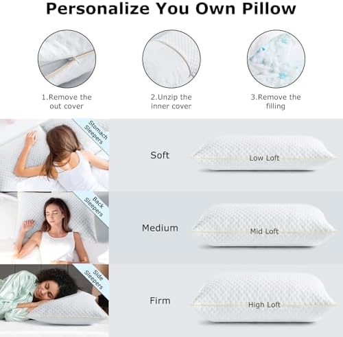 King Size Pillows Set of 2 for Neck and Shoulder Pain, Adjustable Firmness Shredded Memory Foam Pillow King for Side Sleeper, Cooling Curved Kingsize Pillows with Washable Cover