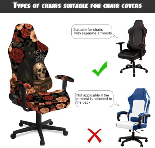 Gothic Black Cat Rose Skull Gaming Chair Cover Stretchable Game Chair Slipcovers with 2 Armrest Covers, Scratch-Proof Gamer Desk Chair Covers for Computer Office Seat