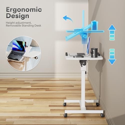 Athena Collection Adjustable Standing Desk with Wheels Overbed Table, White