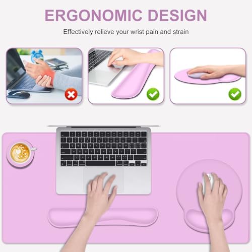 4 PCS Mouse Pad Desk Mat Protector, Keyboard Wrist Rest + Comfortable Mouse Pad with Wrist Rest +Coaster, Large Gaming Mousepad for Computer Laptop, 35.4" X 15.7" XXL Deskpad for Office Home I Lilac