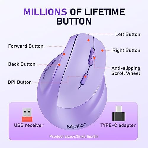 MEETION Ergonomic Wireless Mouse, Bluetooth Vertical Mouse with RGB, Purple