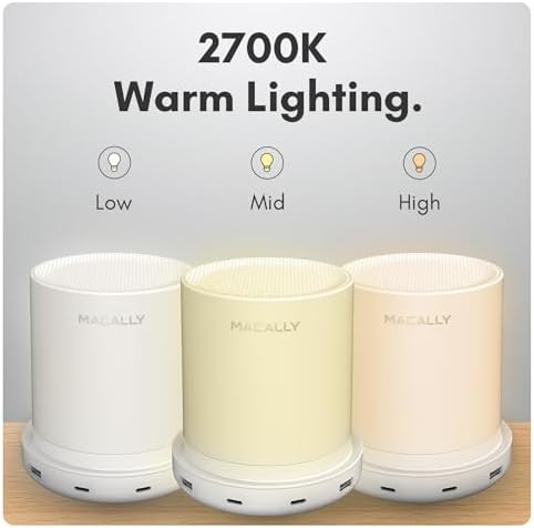 Macally Small Bedside Lamp with USB Ports (USB C + A) - Fast Charging Bedside Light and 3 Way Dimmable Touch Lamp for Nightstands - Great as a Night Light and Charger for Bedrooms