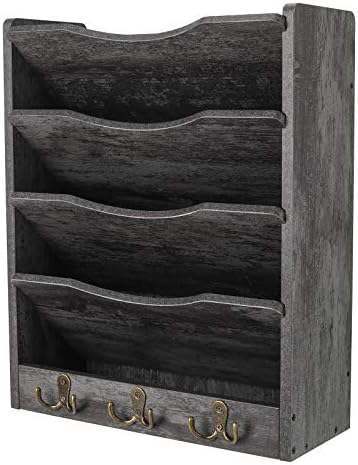 PAG-Mass 5-Tier Wall File Holder Hanging Mail Organizer Wood Magazine Literature Rack with 6 Hooks, Dark Gray