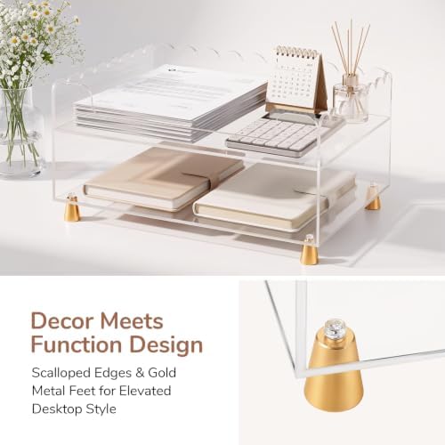 2‑Tier Acrylic Desk Organizer Tray, Scalloped Letter Tray Organizer