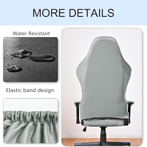 Waterproof Leather Look Gaming Chair Cover, Ergonomic Office Computer Faux PU Leather Game Chair Slipcovers, 4pcs Set Anti-Slip Stretchy Covers for Reclining Racing Gaming Chair (Light Grey)