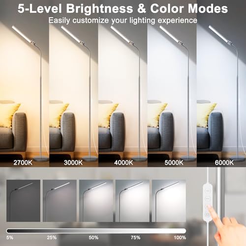 Bright Floor Lamp, 18W/2000LM Silver LED Floor Lamp with Double Head
