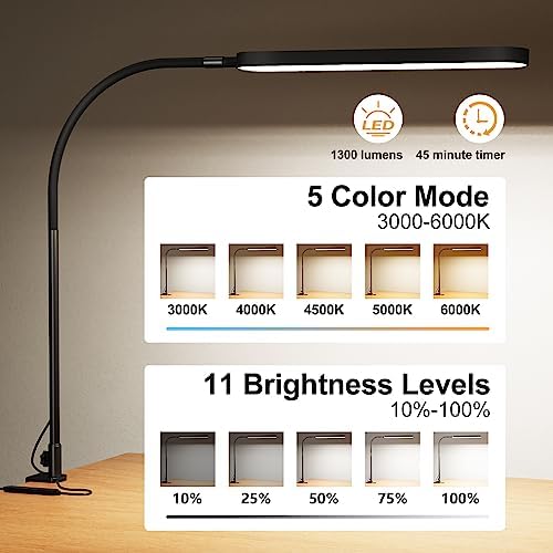 SKYLEO Led Desk Lamp - Desk Light for 33.5" Tall - Flexible Gooseneck - 5 Color Modes X 11 Brightness Levels - 1300LM - Timmer & Memory Function - 12W Clip on Light - Black