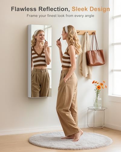Nicetree Jewelry Cabinet Armoire, Hanging Jewelry Organizers and Storage, Lockable Jewelry Cabinet with Full-Length Mirror, Wall or Door Mount Jewelry Mirror Cabinet, Shelves, Polishing Cloth