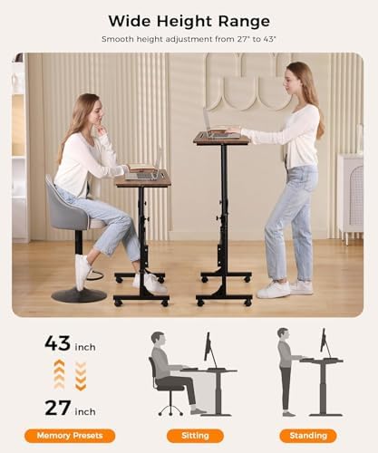 Simple Deluxe 31.5" Adjustable Height Mobile Desk with Locking Wheels & Pin-Lock – Height-Adjustable Standing Desk– Heavy-Duty Portable Workstation for Small Spaces & Home Office – Brown