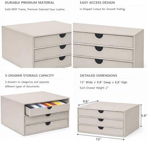 UnionBasic Document Organizer, 3-Drawer File Cabinet Document Storage Box, Office Desktop Filing Organizer, Feather Gray