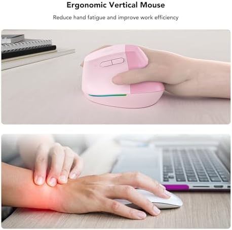 KYSONA Wireless Ergonomic Mouse, Vertical Mouse, Bluetooth Ergo Mouse, Quiet Click, 5 Level Adjustable DPI(800/1200/2400/2400/4000), Rechargeable 2.4G Mice Computer, PC, Mac, Laptop, Pink