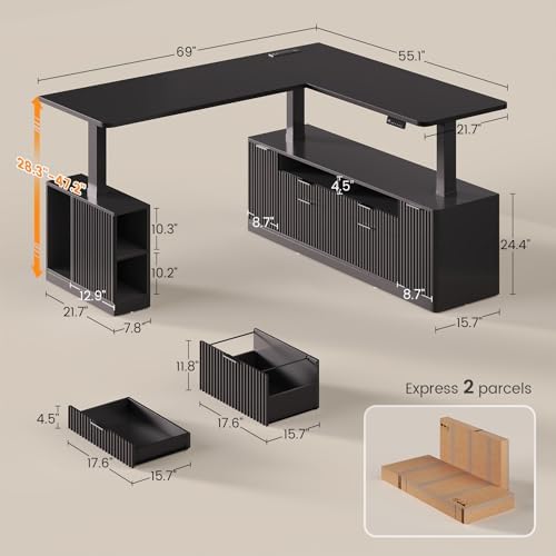 SEDETA Fluted L Shaped Executive Electric Standing Desk with 4 Drawers