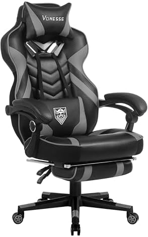 Vonesse Gaming Chair, Big and Tall Gaming Chair with Footrest and Massage, Gaming Chairs for Adults with Lumbar Support, Ergonomic High Back Computer Chair with Pocket Spring Cushion (Grey/Black)