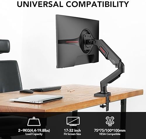 KOORUI Single Monitor Mount, Adjustable Gas Spring, Vertical Swivel Arm Fits 17-32 Inch, up to 19.8lbs, Stand With Clamp/Grommet Mounting Base, KR20Y