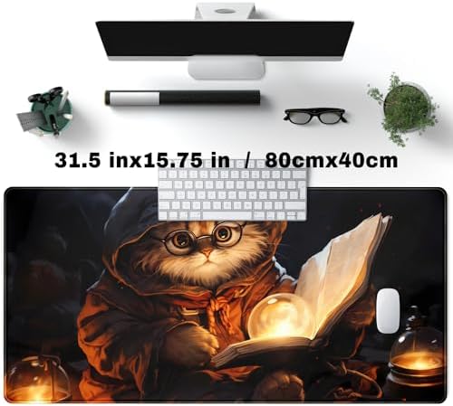 Magical Cat Desk Mouse Mat Black Vintage Desk Pad Playmat for MTG Large Mousepad Gaming Deskpad XXL Keyboard Mouse Pad Full Desktop Mat Desk Cover Mat for Work Office Home (31.5x15.7 in)