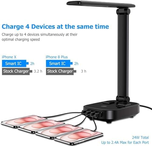 Yostyle LED Desk Lamp with 4 USB Charging Ports and 2 AC Outlets,5ft Extension Cord Power Strip Station, 3 Level Brightness, Touch Dimmer Control, Office Table Eye Care Lamp Bedroom Hotel