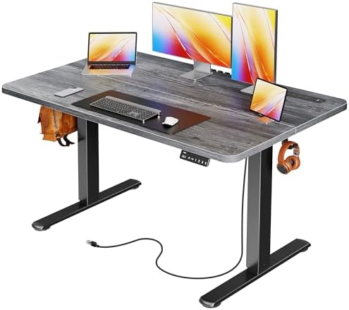 Huuger 47 X 24 Inch Electric Standing Desk with Power Outlets and USB-C Port, Height Adjustable Desk, Sit Stand Desk for Home Office, Computer & Gaming Desk with 3 Presets, Stable Steel Frame, Grey