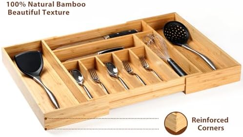 Umilife Extra Large Expandable Kitchen Siverware Utensils Drawer Organizer, 19" Deep for Big Drawer, Adjustable Bamboo Wood Drawer Divider with Curved Grooves, Cutlery Tray Flatware Holder
