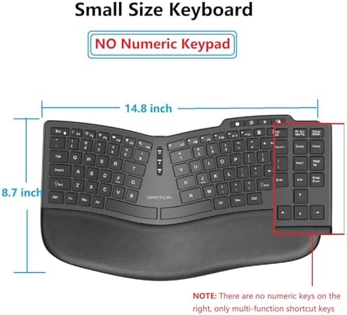 OMOTON Ergonomic Wireless Split Keyboard Compatible with Windows only, Cushioned Wrist Rest, Rechargeable, USB Connectivity, 2.4G Membrane Silent Keyboard, Classic Black