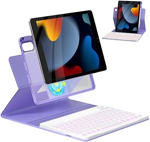 Magnetic Keyboard Case for iPad 9th/8th/7th Generation 10.2 inch, iPad Pro 10.5-inch Air 3rd Case with Pencil Holder, 7 Color Backlight BT Keyboard (2021/2020/2019/2017), Purple