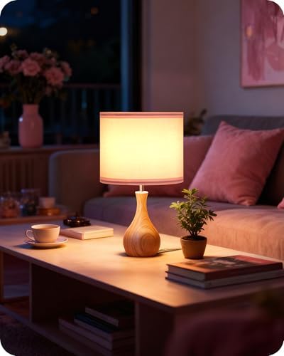 Pink Table Lamp, 14.2" Small Bedside Lamp, Modern Nightstand Lamp with Pink Linen Lampshade & Wood Bottle-Shaped Base, E26 Socket, Cute Desk Lamp for Girl's Room, Bedroom, MP09TL05