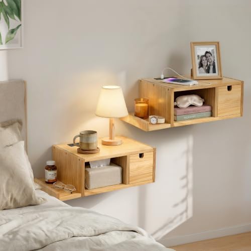 Afuly Floating Nightstand Set of 2 with Charging Station Wood Bedside Table