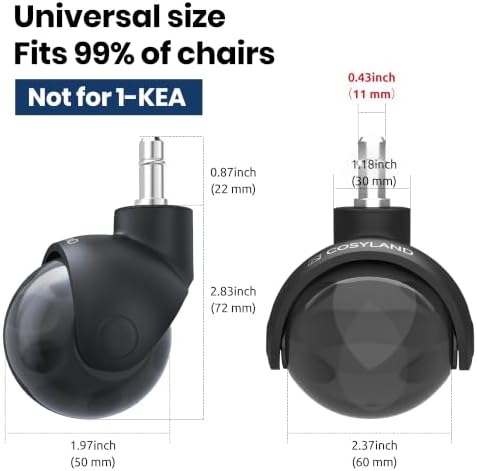 COSYLAND Ball Office Chair Wheels: 2 in Clear PU Swivel Casters Set of 5