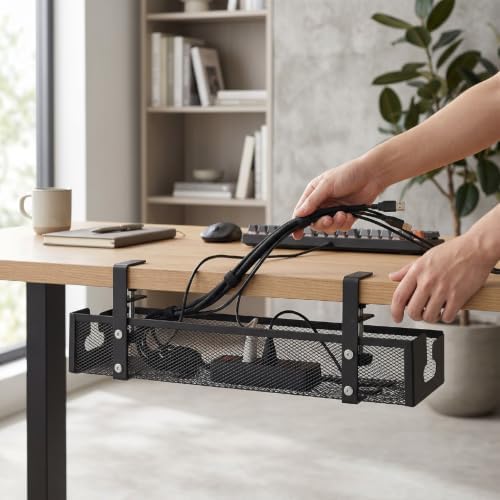Sanpyl 16in Under Desk Cable Management Tray with Clamp, No Drill