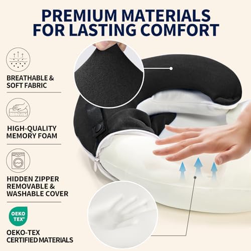 BUYUE Travel Neck Pillows for Airplanes, Memory Foam 360° Head Support Sleep for Long Flight, Skin-Friendly & Breathable, Kit with Eye Mask, Earplugs and Storage Bag (Adult, Black, 90+ lbs)