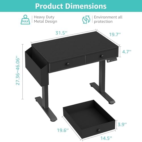 KLUVIS Electric Standing Desk with Drawers, 32 Inch, Black