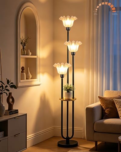 Flower Floor Lamp for Living Room, Mid Century Modern Floor Lamp Dimmable with Shelf & LED Bulbs, 3 Light Black Vintage Floral Standing Tall Lamp for Bedroom Sofa Beside Corner Decor